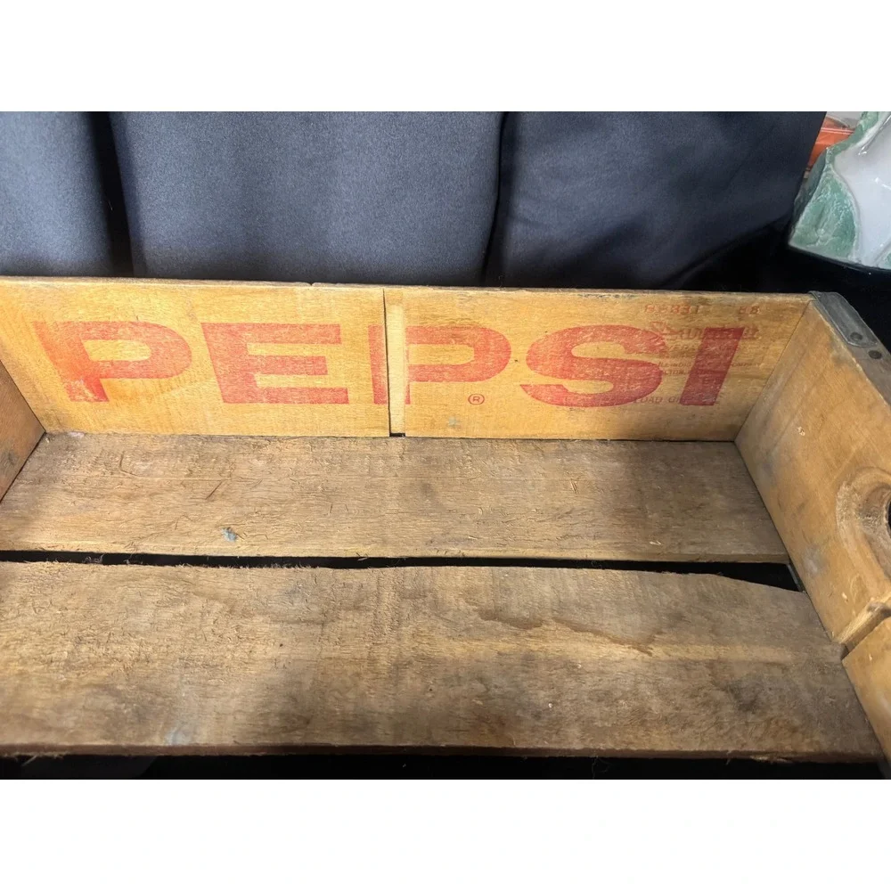 Vintage Pepsi Wooden Soda Crate 24 Bottle Carrier Red Logo Metal Corners Rustic